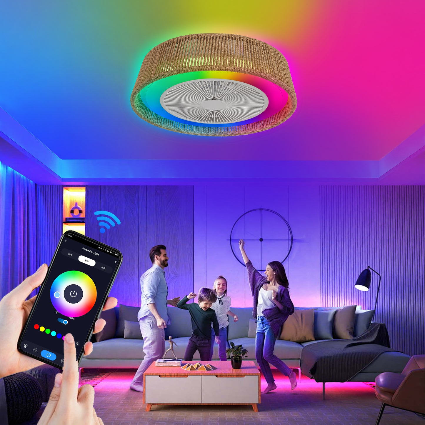 21" Modern Rustic Ceiling Fan Light with LED RGB Mood Lighting, Rope Woven Design, Quiet Fan, Semi Flush Mount for Bedroom, Living Room, or Dining Room
