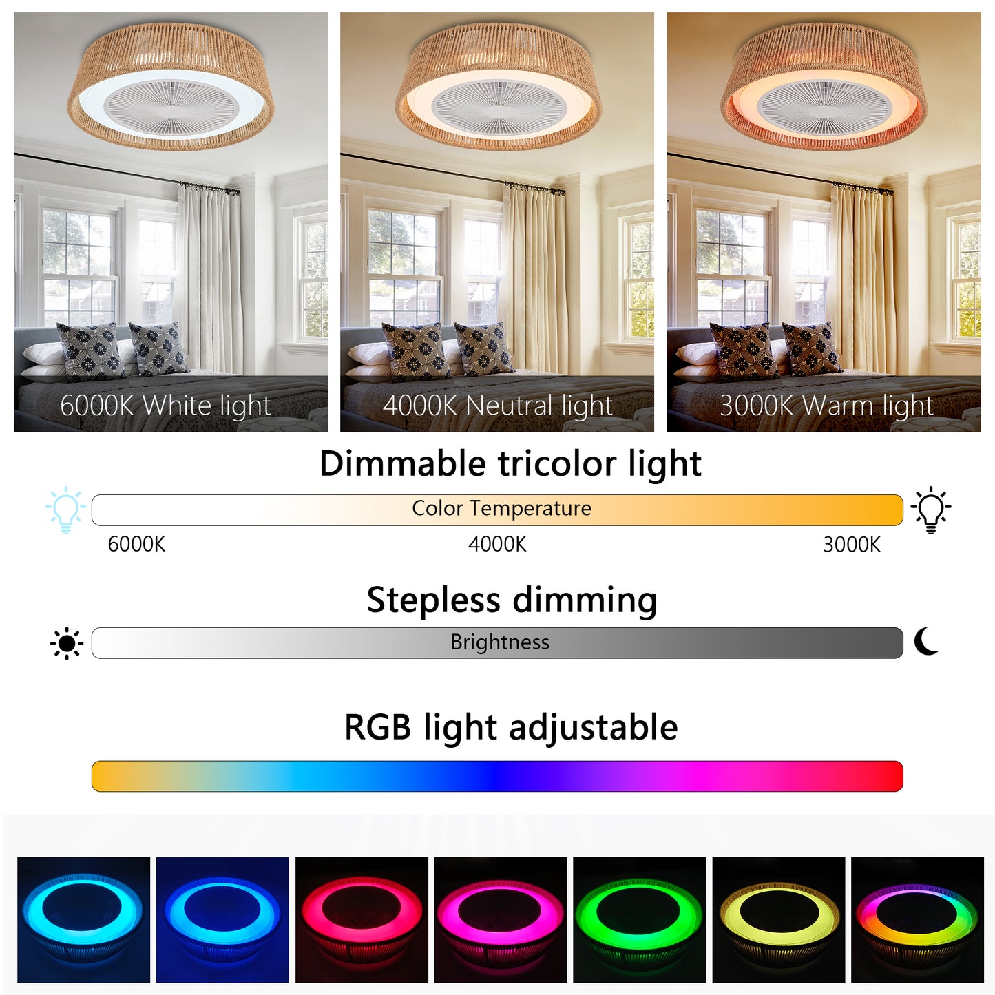 21" Modern Rustic Ceiling Fan Light with LED RGB Mood Lighting, Rope Woven Design, Quiet Fan, Semi Flush Mount for Bedroom, Living Room, or Dining Room