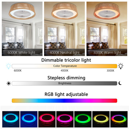 21" Modern Rustic Ceiling Fan Light with LED RGB Mood Lighting, Rope Woven Design, Quiet Fan, Semi Flush Mount for Bedroom, Living Room, or Dining Room