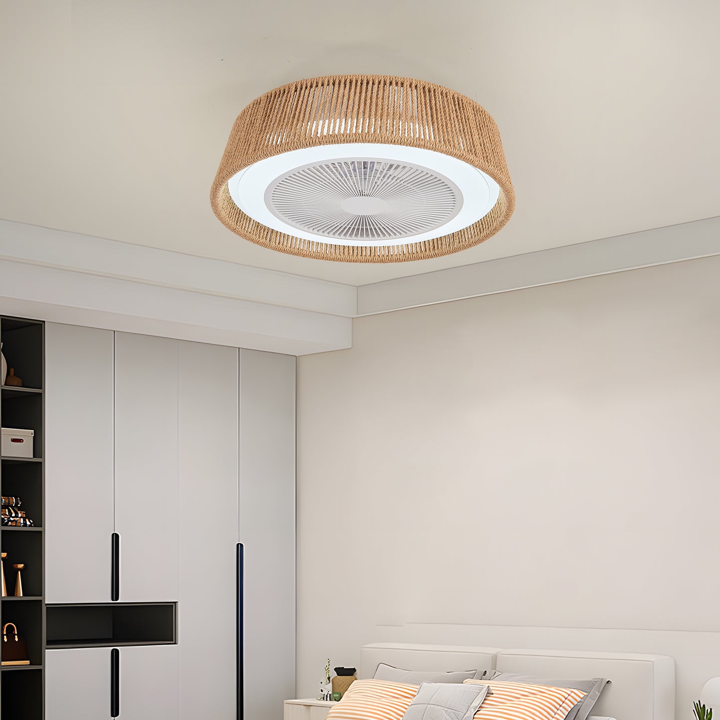 21" Modern Rustic Ceiling Fan Light with LED RGB Mood Lighting, Rope Woven Design, Quiet Fan, Semi Flush Mount for Bedroom, Living Room, or Dining Room
