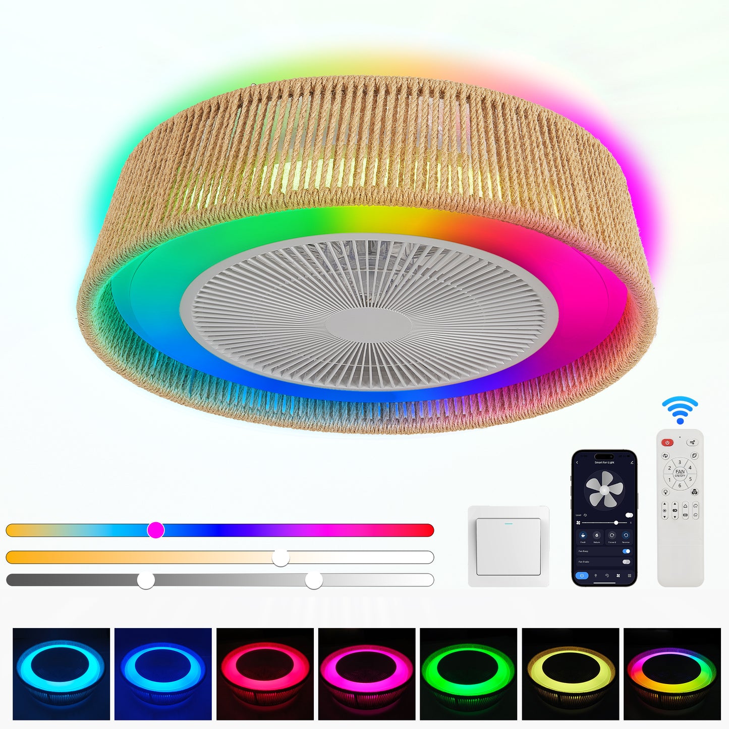21" Modern Rustic Ceiling Fan Light with LED RGB Mood Lighting, Rope Woven Design, Quiet Fan, Semi Flush Mount for Bedroom, Living Room, or Dining Room