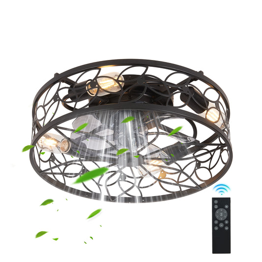 18-inch Black Vintage Caged Ceiling Fan Light – Quiet Operation, Remote Control, Industrial Style for Living Room, Bedroom, and Kitchen (Bulb Not Included)