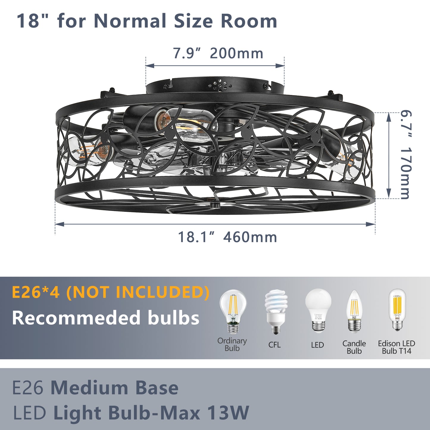 18-inch Black Vintage Caged Ceiling Fan Light – Quiet Operation, Remote Control, Industrial Style for Living Room, Bedroom, and Kitchen (Bulb Not Included)