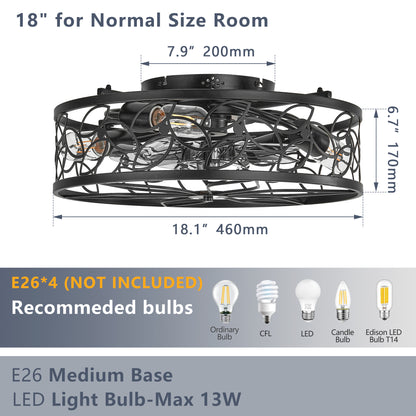 18-inch Black Vintage Caged Ceiling Fan Light – Quiet Operation, Remote Control, Industrial Style for Living Room, Bedroom, and Kitchen (Bulb Not Included)