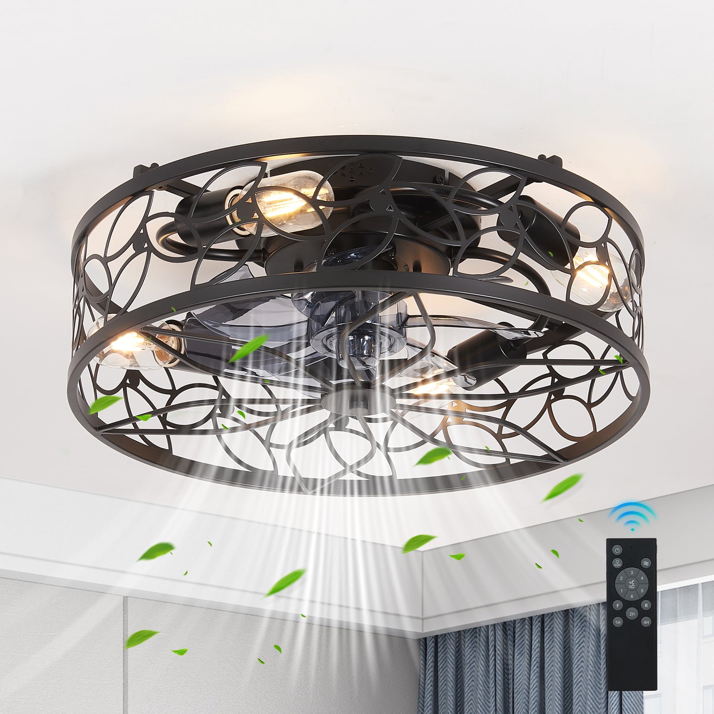 18-inch Black Vintage Caged Ceiling Fan Light – Quiet Operation, Remote Control, Industrial Style for Living Room, Bedroom, and Kitchen (Bulb Not Included)