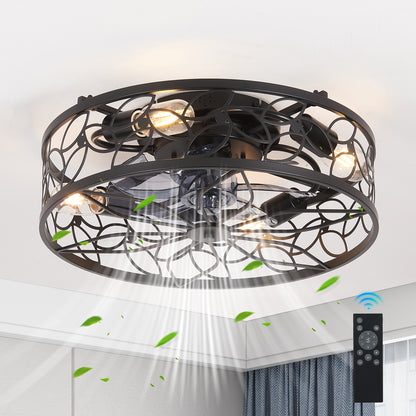 18-inch Black Vintage Caged Ceiling Fan Light – Quiet Operation, Remote Control, Industrial Style for Living Room, Bedroom, and Kitchen (Bulb Not Included)