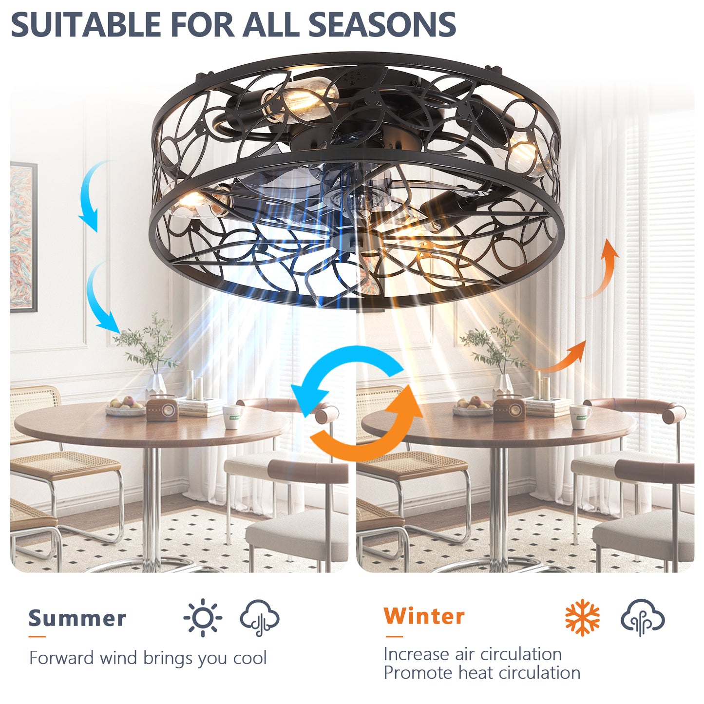 18-inch Black Vintage Caged Ceiling Fan Light – Quiet Operation, Remote Control, Industrial Style for Living Room, Bedroom, and Kitchen (Bulb Not Included)