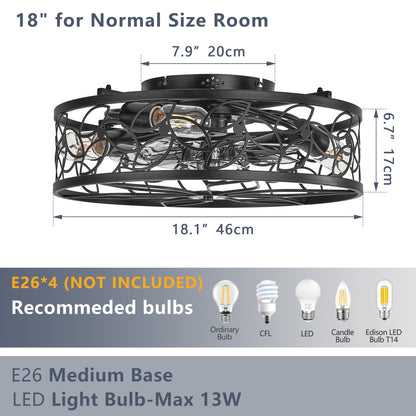18-inch Black Vintage Caged Ceiling Fan Light – Quiet Operation, Remote Control, Industrial Style for Living Room, Bedroom, and Kitchen (Bulb Not Included)