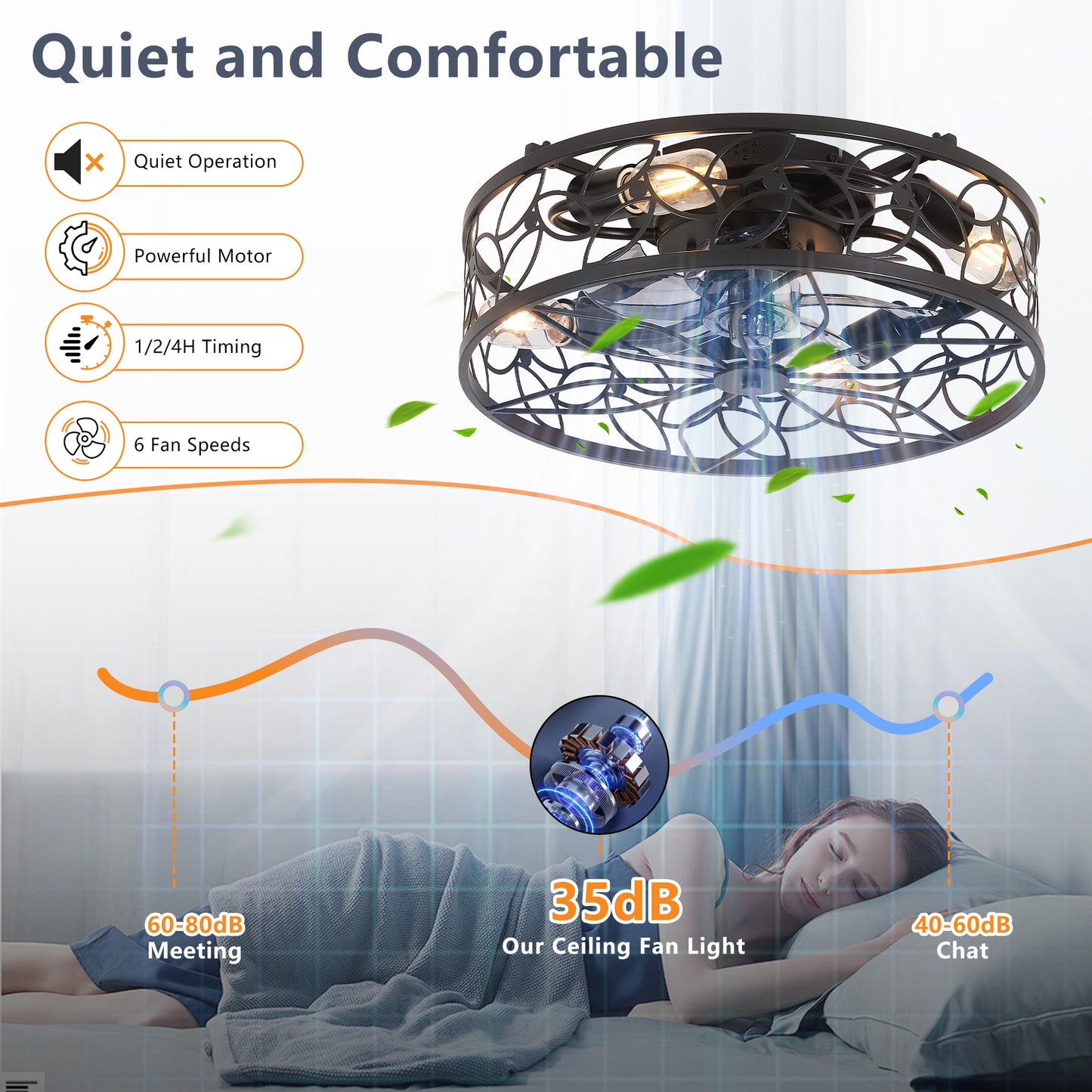 18-inch Black Vintage Caged Ceiling Fan Light – Quiet Operation, Remote Control, Industrial Style for Living Room, Bedroom, and Kitchen (Bulb Not Included)