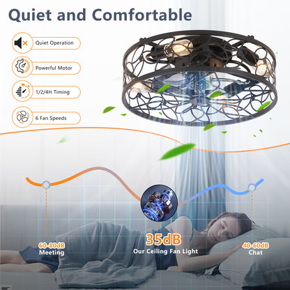 18-inch Black Vintage Caged Ceiling Fan Light – Quiet Operation, Remote Control, Industrial Style for Living Room, Bedroom, and Kitchen (Bulb Not Included)