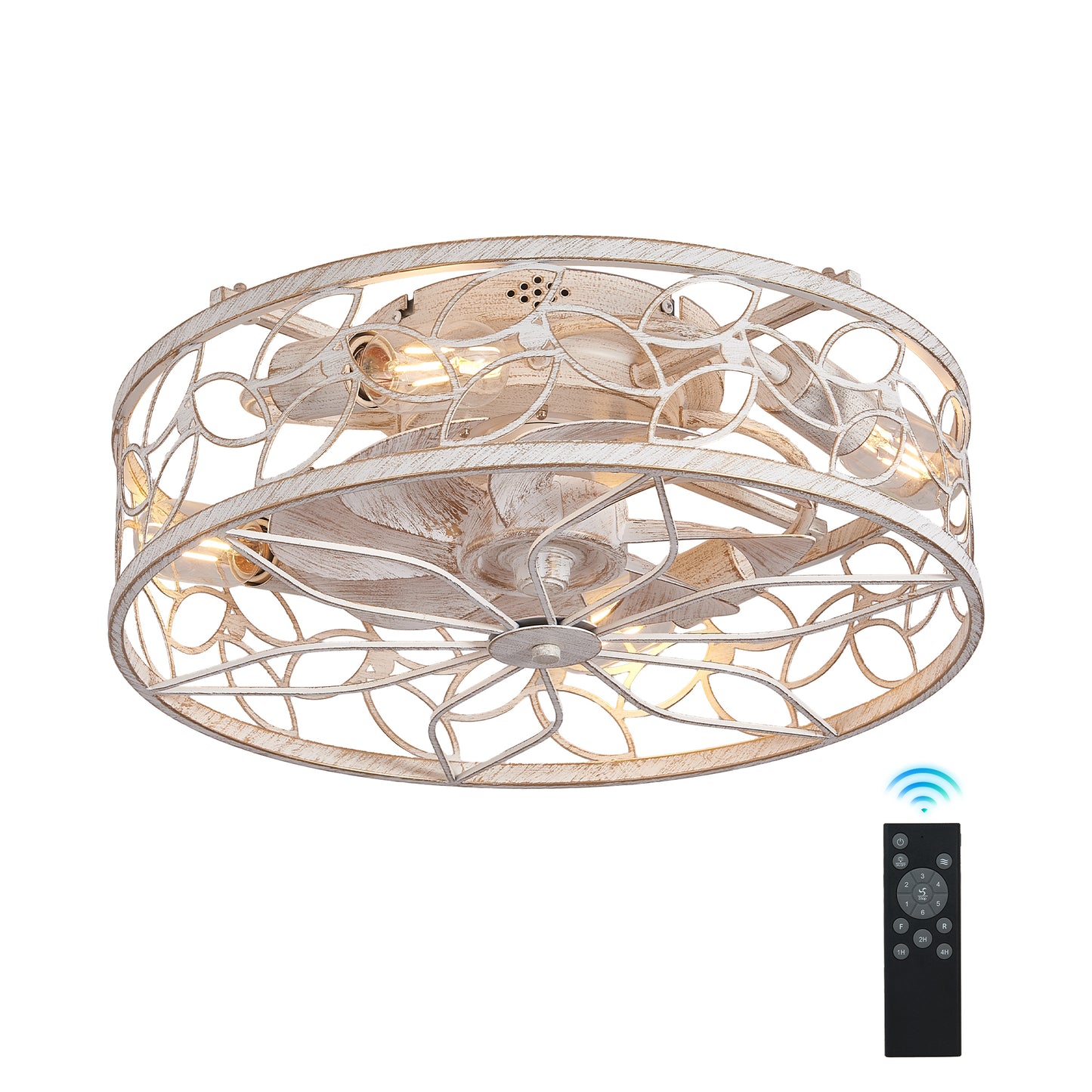 18-inch White Vintage Caged Ceiling Fan Light – Quiet Operation, Remote Control, Industrial Style for Living Room, Bedroom, and Kitchen (Bulb Not Included)
