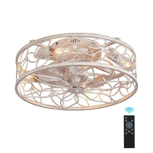 18-inch White Vintage Caged Ceiling Fan Light – Quiet Operation, Remote Control, Industrial Style for Living Room, Bedroom, and Kitchen (Bulb Not Included)