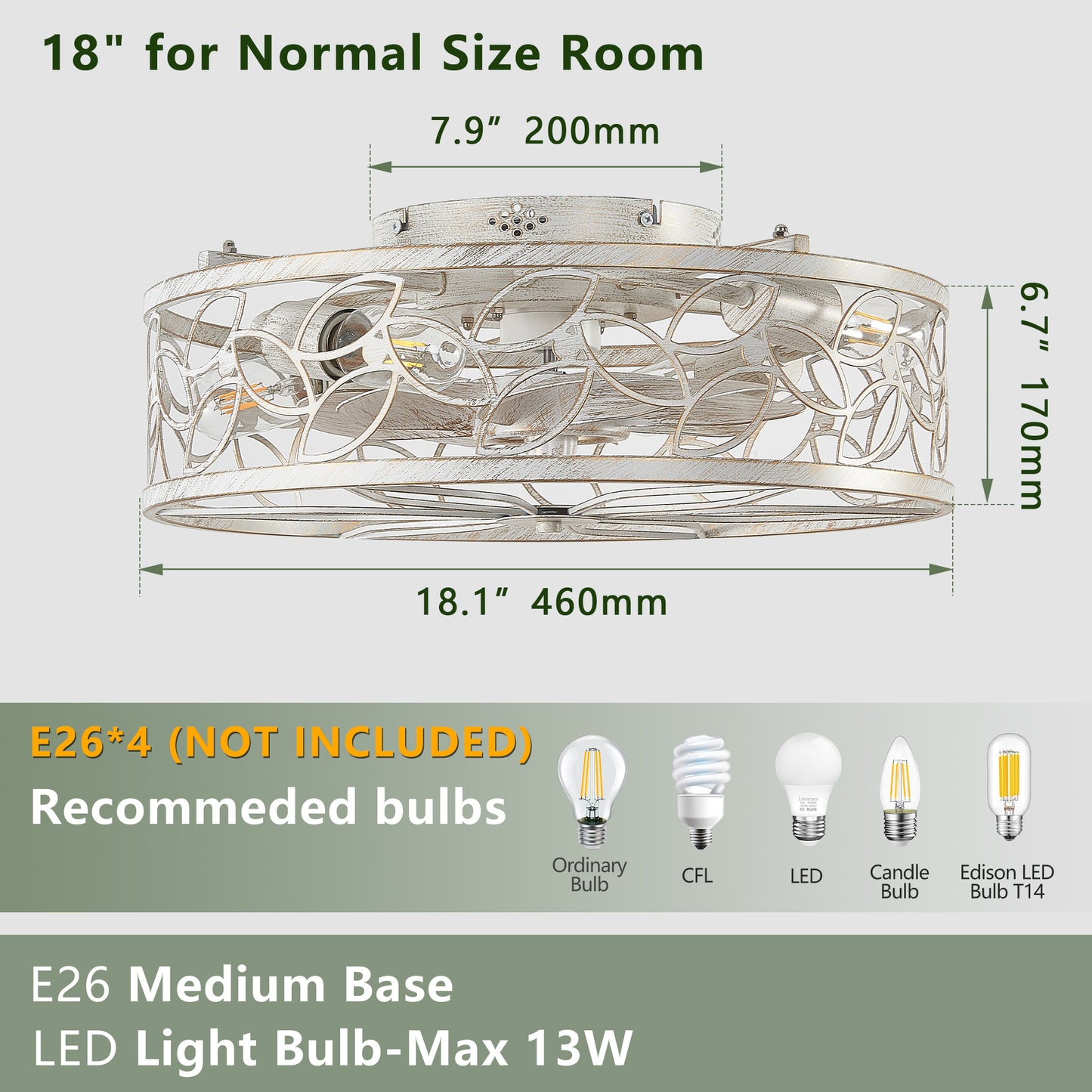18-inch White Vintage Caged Ceiling Fan Light – Quiet Operation, Remote Control, Industrial Style for Living Room, Bedroom, and Kitchen (Bulb Not Included)