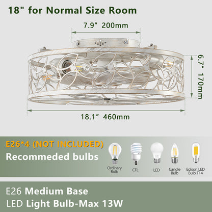 18-inch White Vintage Caged Ceiling Fan Light – Quiet Operation, Remote Control, Industrial Style for Living Room, Bedroom, and Kitchen (Bulb Not Included)