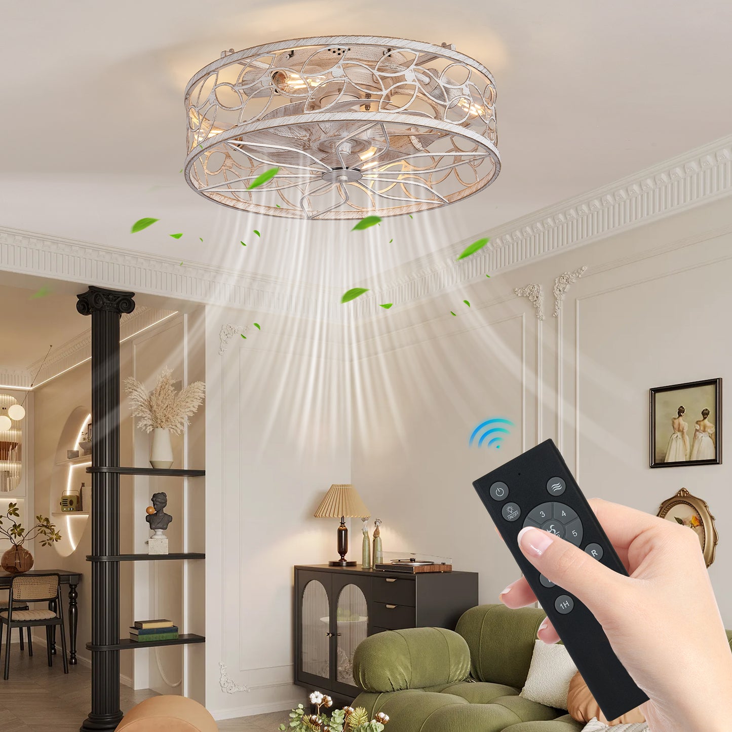 18-inch White Vintage Caged Ceiling Fan Light – Quiet Operation, Remote Control, Industrial Style for Living Room, Bedroom, and Kitchen (Bulb Not Included)