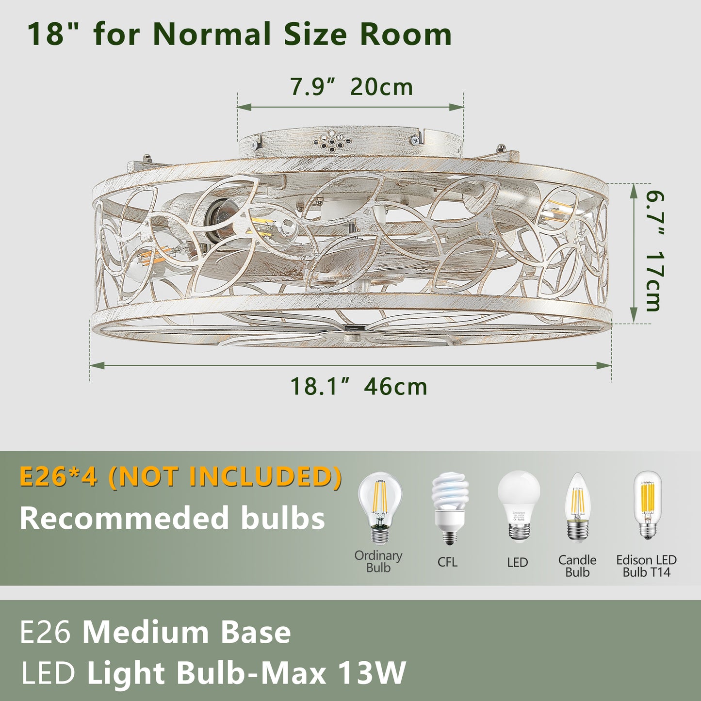 18-inch White Vintage Caged Ceiling Fan Light – Quiet Operation, Remote Control, Industrial Style for Living Room, Bedroom, and Kitchen (Bulb Not Included)