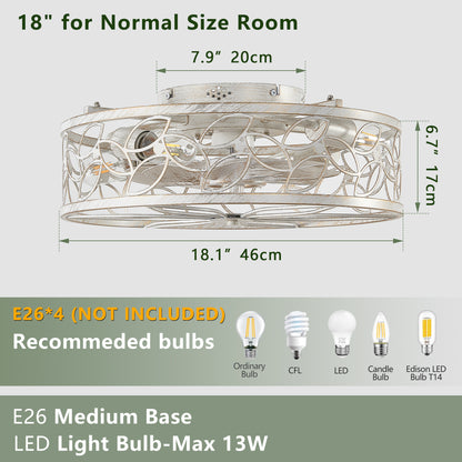 18-inch White Vintage Caged Ceiling Fan Light – Quiet Operation, Remote Control, Industrial Style for Living Room, Bedroom, and Kitchen (Bulb Not Included)