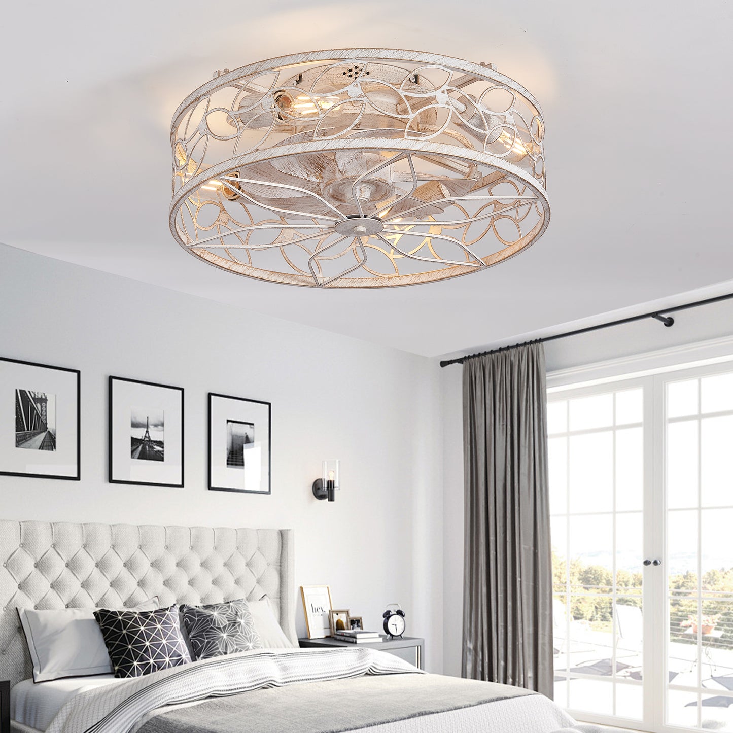 18-inch White Vintage Caged Ceiling Fan Light – Quiet Operation, Remote Control, Industrial Style for Living Room, Bedroom, and Kitchen (Bulb Not Included)