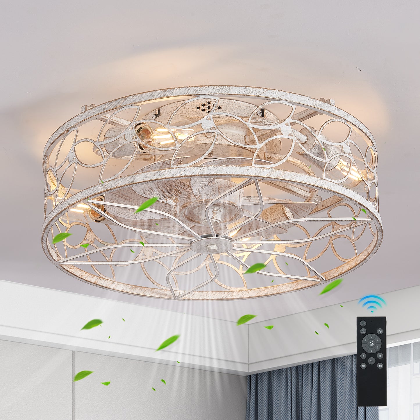18-inch White Vintage Caged Ceiling Fan Light – Quiet Operation, Remote Control, Industrial Style for Living Room, Bedroom, and Kitchen (Bulb Not Included)
