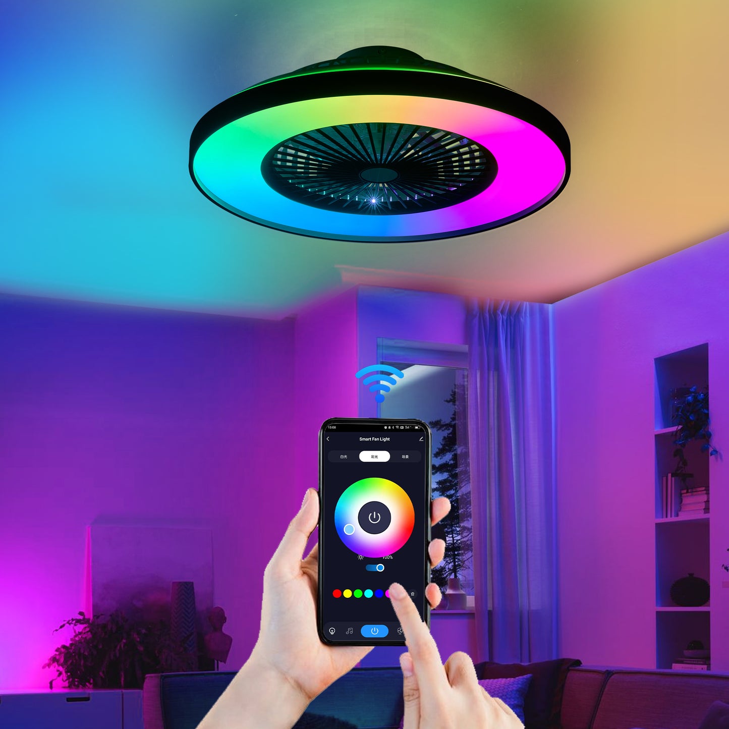 23-inch Black and White Ceiling Fan Light with LED RGB – Dimmable and Color-Changing, APP & Remote Control, Modern Smart Ceiling Fan for Living Room, Bedroom, and Dining Room