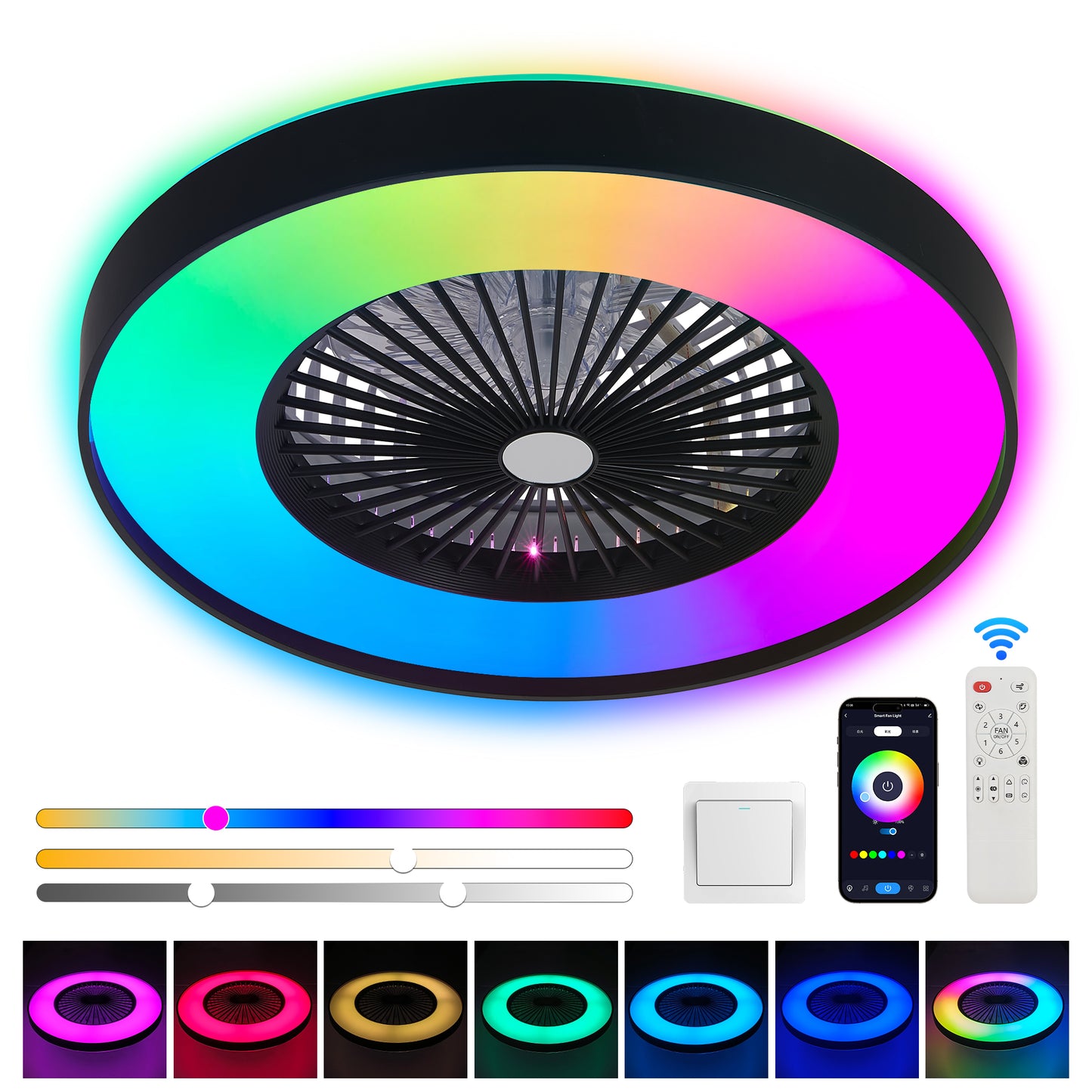 23-inch Black and White Ceiling Fan Light with LED RGB – Dimmable and Color-Changing, APP & Remote Control, Modern Smart Ceiling Fan for Living Room, Bedroom, and Dining Room