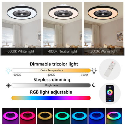 23-inch Black and White Ceiling Fan Light with LED RGB – Dimmable and Color-Changing, APP & Remote Control, Modern Smart Ceiling Fan for Living Room, Bedroom, and Dining Room