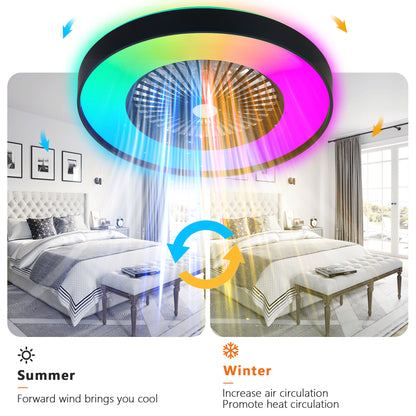23-inch Black and White Ceiling Fan Light with LED RGB – Dimmable and Color-Changing, APP & Remote Control, Modern Smart Ceiling Fan for Living Room, Bedroom, and Dining Room