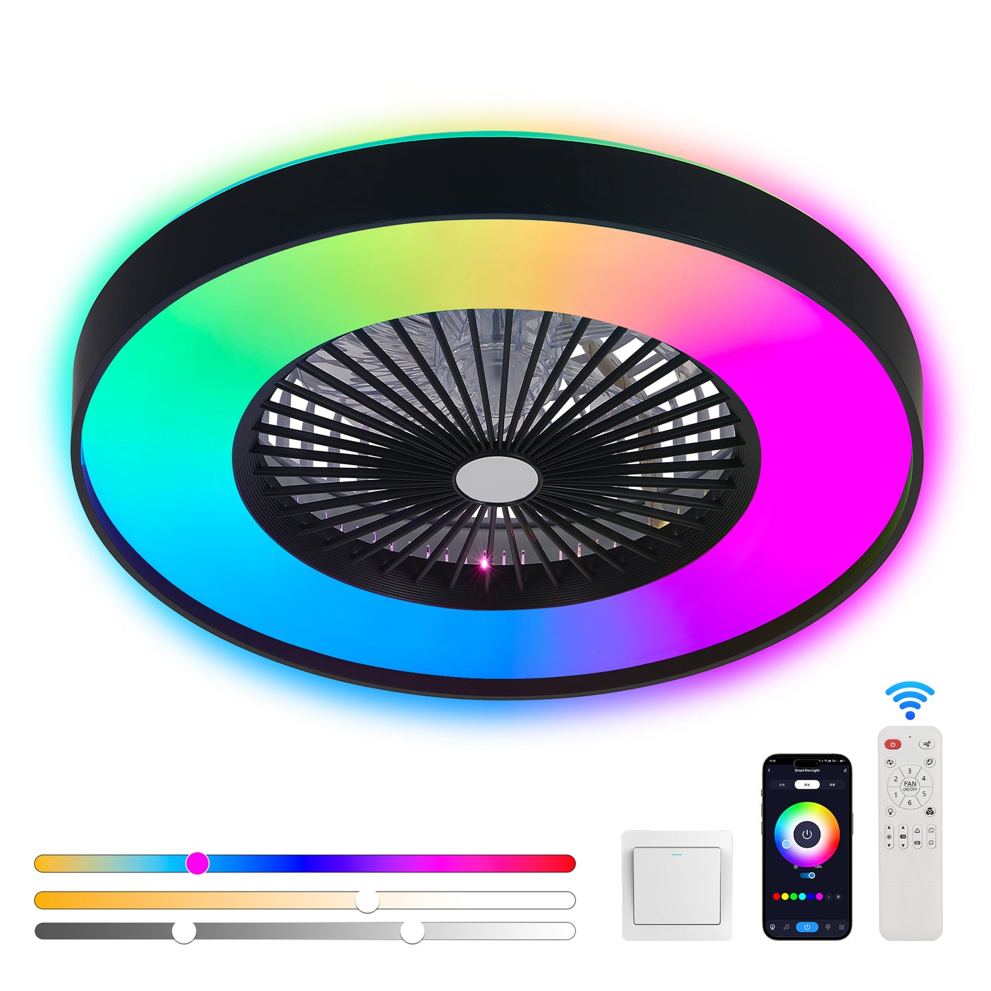 23-inch Black and White Ceiling Fan Light with LED RGB – Dimmable and Color-Changing, APP & Remote Control, Modern Smart Ceiling Fan for Living Room, Bedroom, and Dining Room