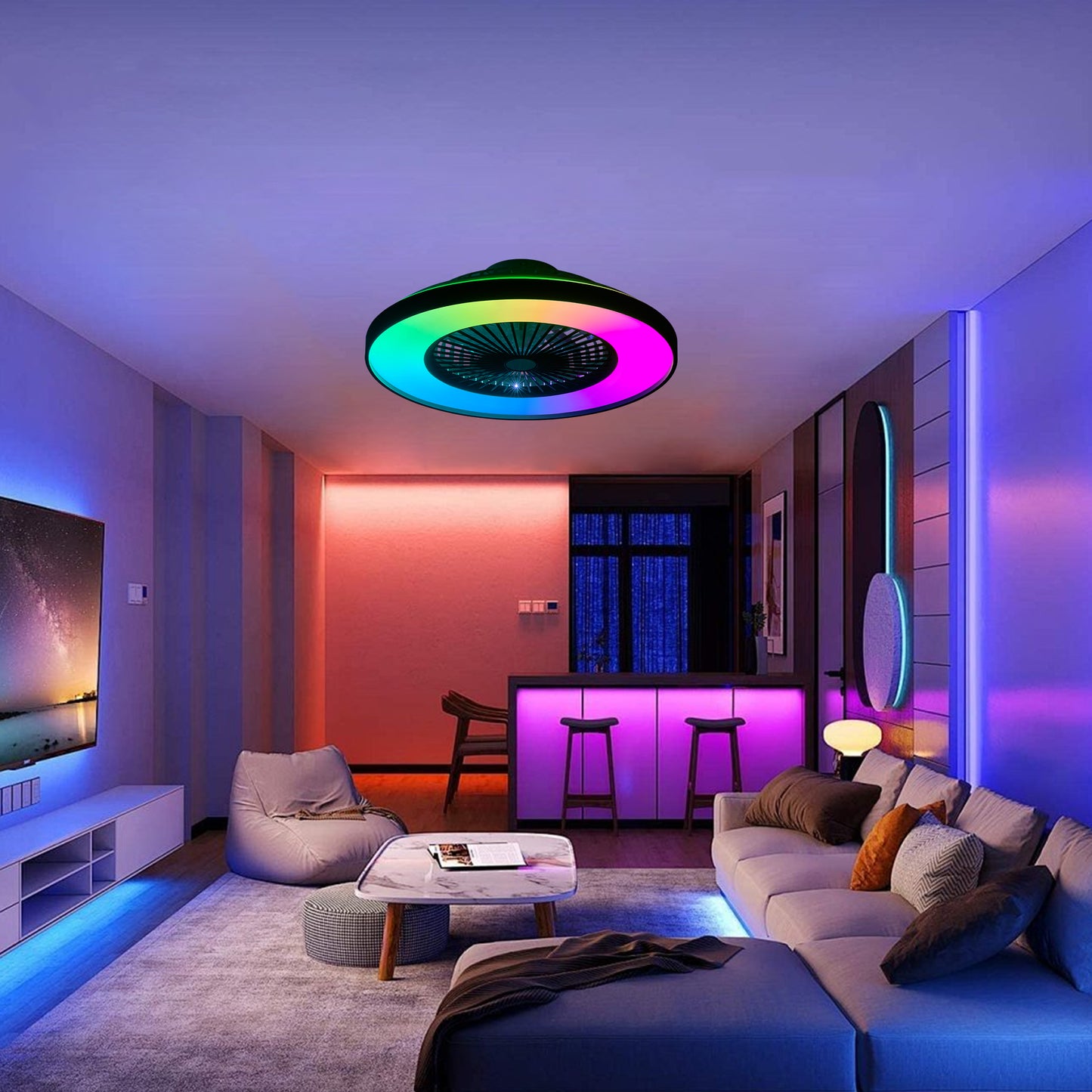 23-inch Black and White Ceiling Fan Light with LED RGB – Dimmable and Color-Changing, APP & Remote Control, Modern Smart Ceiling Fan for Living Room, Bedroom, and Dining Room