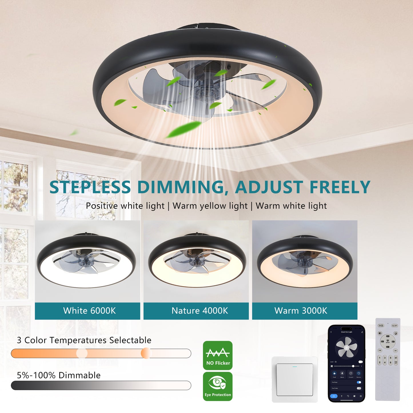 20-inch Black LED Ceiling Fan Light – Dimmable and Adjustable Color Temperature, APP & Remote Control, Modern Smart Ceiling Fan for Living Room, Bedroom, and Dining Room