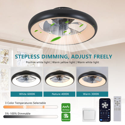 20-inch Black LED Ceiling Fan Light – Dimmable and Adjustable Color Temperature, APP & Remote Control, Modern Smart Ceiling Fan for Living Room, Bedroom, and Dining Room
