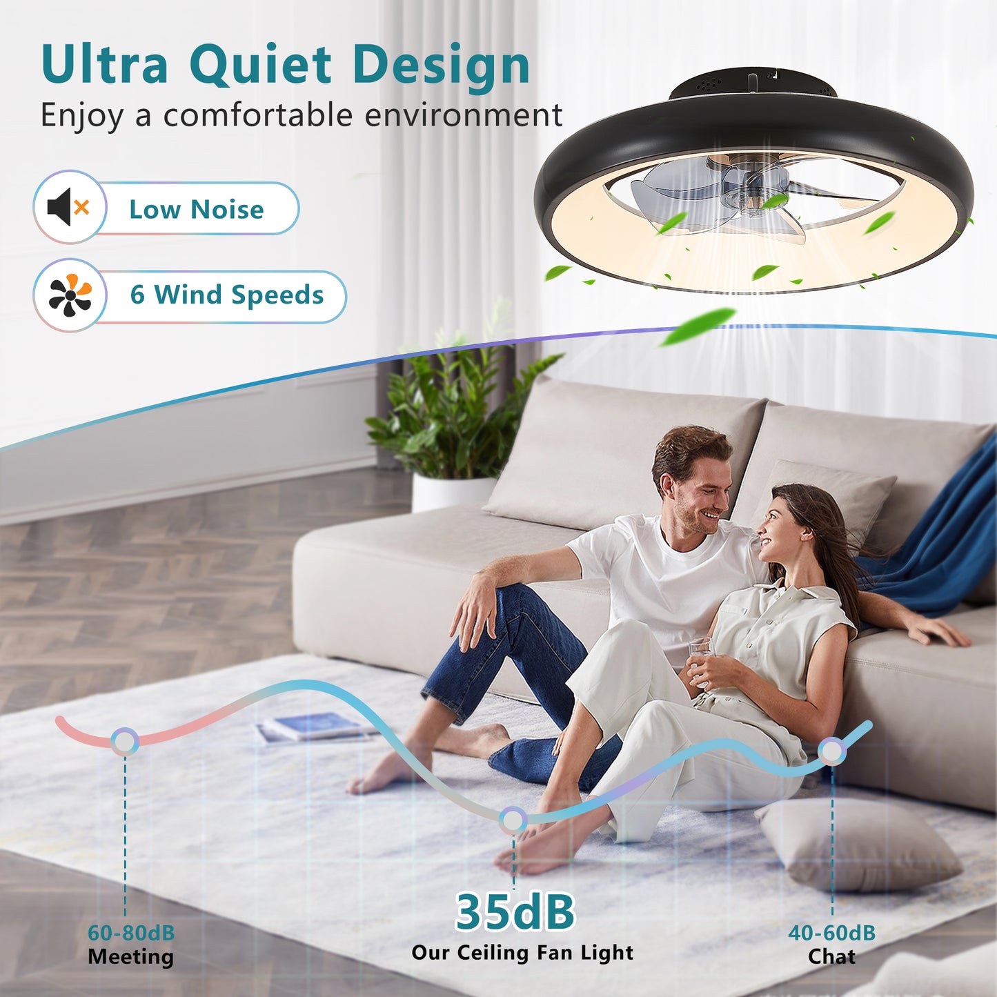 20-inch Black LED Ceiling Fan Light – Dimmable and Adjustable Color Temperature, APP & Remote Control, Modern Smart Ceiling Fan for Living Room, Bedroom, and Dining Room