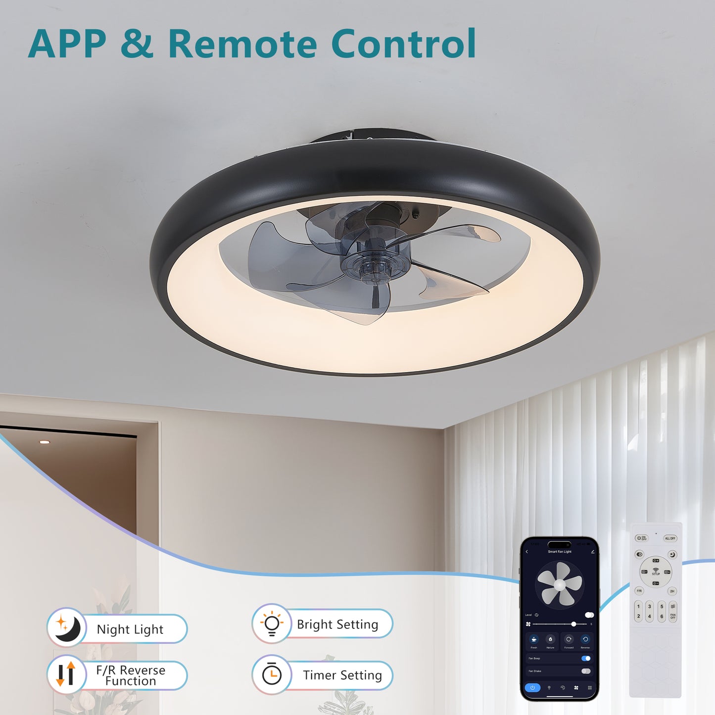 20-inch Black LED Ceiling Fan Light – Dimmable and Adjustable Color Temperature, APP & Remote Control, Modern Smart Ceiling Fan for Living Room, Bedroom, and Dining Room