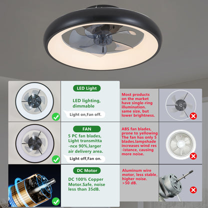 20-inch Black LED Ceiling Fan Light – Dimmable and Adjustable Color Temperature, APP & Remote Control, Modern Smart Ceiling Fan for Living Room, Bedroom, and Dining Room