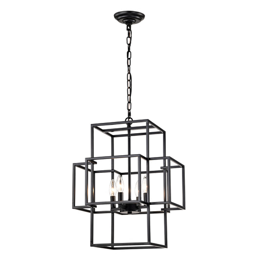 4-Light Metal Lantern Tiered Pendant Hanging Light Fixtures, Industrial Farmhouse Adjustable Height Chandeliers for Dining Room Hallway Foyer Entryway--Matte Black