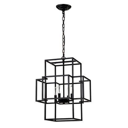 4-Light Metal Lantern Tiered Pendant Hanging Light Fixtures, Industrial Farmhouse Adjustable Height Chandeliers for Dining Room Hallway Foyer Entryway--Matte Black