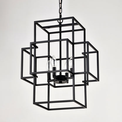 4-Light Metal Lantern Tiered Pendant Hanging Light Fixtures, Industrial Farmhouse Adjustable Height Chandeliers for Dining Room Hallway Foyer Entryway--Matte Black