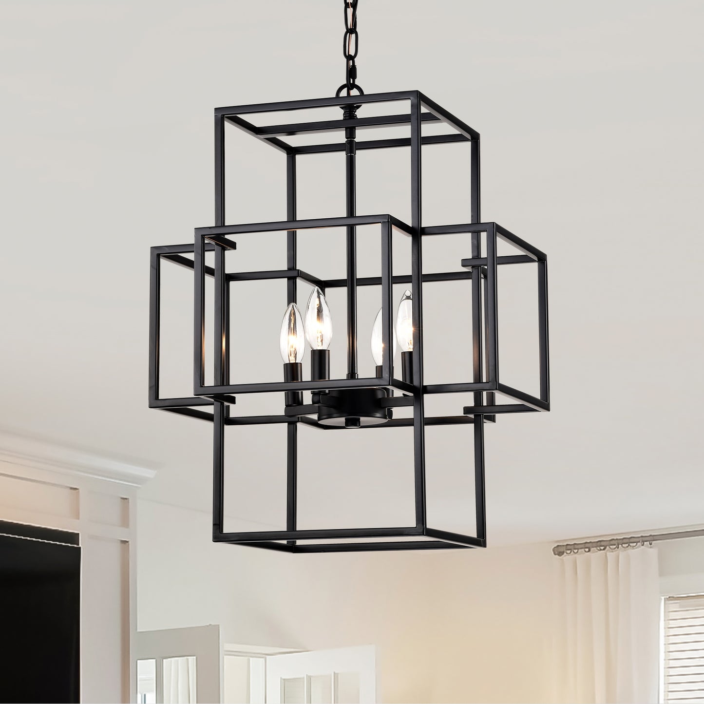 4-Light Metal Lantern Tiered Pendant Hanging Light Fixtures, Industrial Farmhouse Adjustable Height Chandeliers for Dining Room Hallway Foyer Entryway--Matte Black
