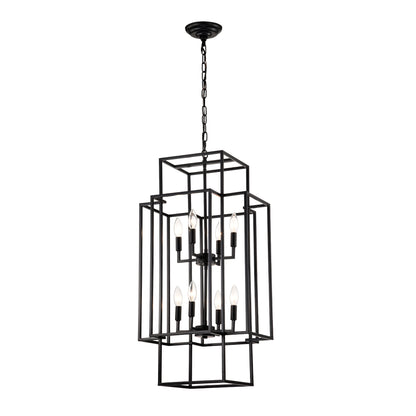 8-Light Metal Lantern Tiered Pendant Hanging Light Fixtures, Industrial Farmhouse Adjustable Height Chandeliers for Dining Room Hallway Foyer Entryway--Matte Black (E12 Bulbs Not Included)