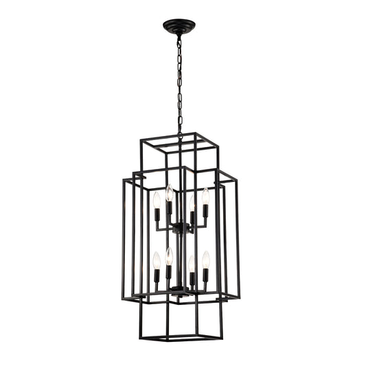 8-Light Metal Lantern Tiered Pendant Hanging Light Fixtures, Industrial Farmhouse Adjustable Height Chandeliers for Dining Room Hallway Foyer Entryway--Matte Black (E12 Bulbs Not Included)