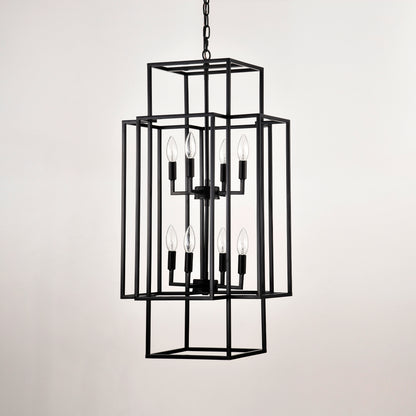 8-Light Metal Lantern Tiered Pendant Hanging Light Fixtures, Industrial Farmhouse Adjustable Height Chandeliers for Dining Room Hallway Foyer Entryway--Matte Black (E12 Bulbs Not Included)