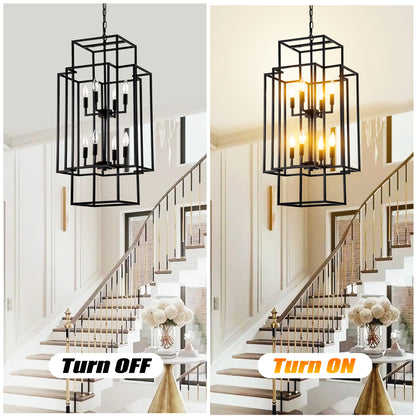 8-Light Metal Lantern Tiered Pendant Hanging Light Fixtures, Industrial Farmhouse Adjustable Height Chandeliers for Dining Room Hallway Foyer Entryway--Matte Black (E12 Bulbs Not Included)