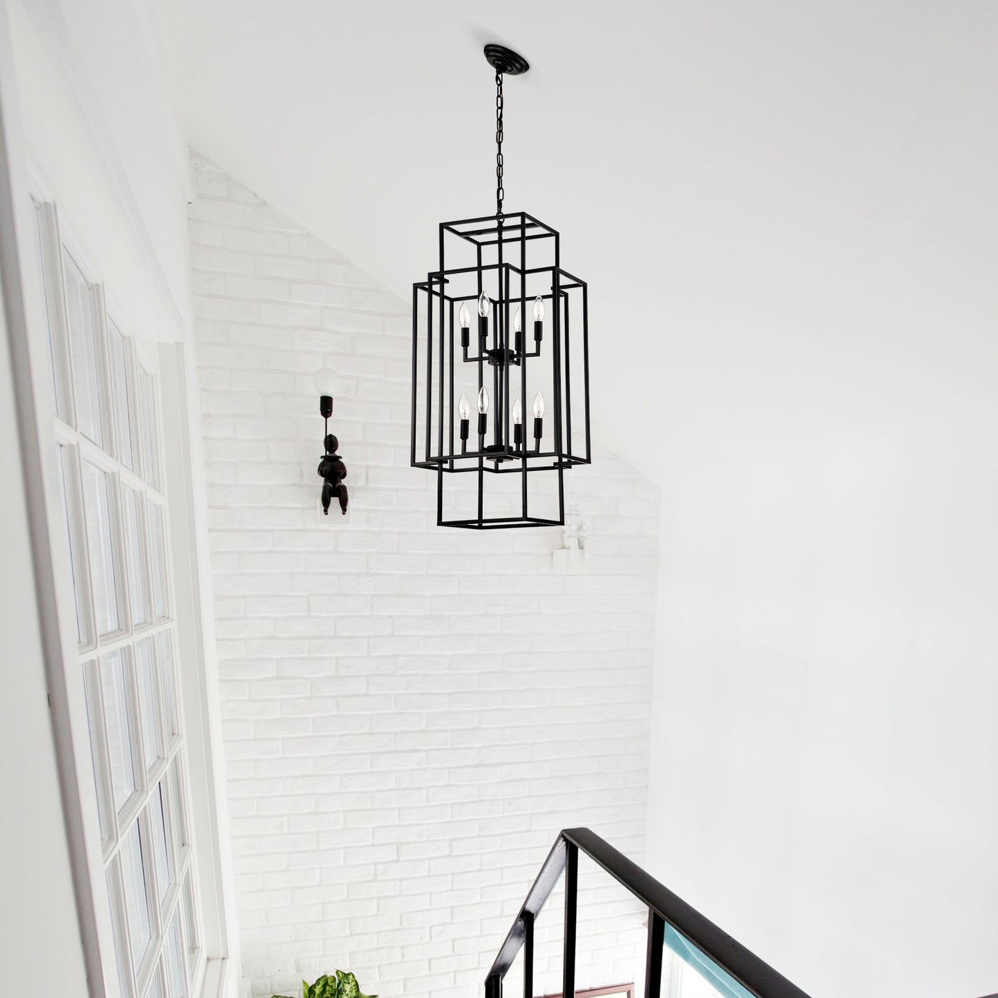 8-Light Metal Lantern Tiered Pendant Hanging Light Fixtures, Industrial Farmhouse Adjustable Height Chandeliers for Dining Room Hallway Foyer Entryway--Matte Black (E12 Bulbs Not Included)