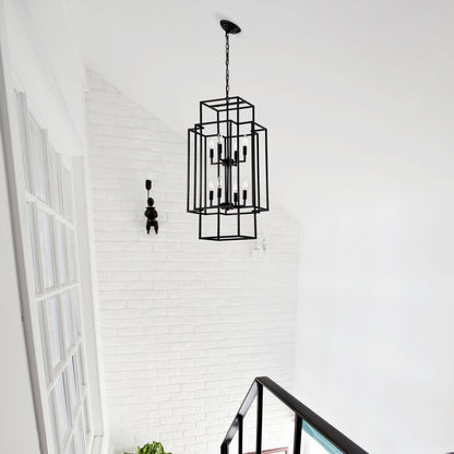 8-Light Metal Lantern Tiered Pendant Hanging Light Fixtures, Industrial Farmhouse Adjustable Height Chandeliers for Dining Room Hallway Foyer Entryway--Matte Black (E12 Bulbs Not Included)