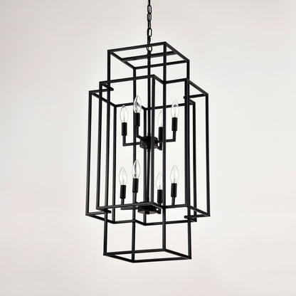 8-Light Metal Lantern Tiered Pendant Hanging Light Fixtures, Industrial Farmhouse Adjustable Height Chandeliers for Dining Room Hallway Foyer Entryway--Matte Black (E12 Bulbs Not Included)