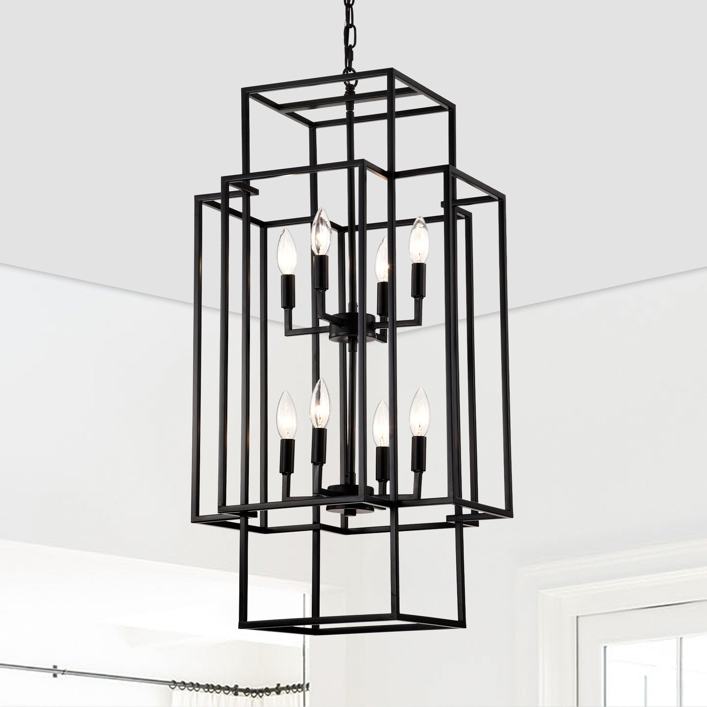 8-Light Metal Lantern Tiered Pendant Hanging Light Fixtures, Industrial Farmhouse Adjustable Height Chandeliers for Dining Room Hallway Foyer Entryway--Matte Black (E12 Bulbs Not Included)
