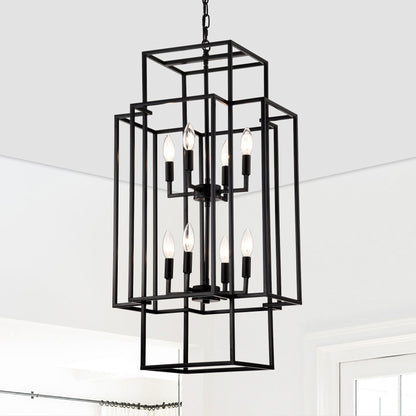 8-Light Metal Lantern Tiered Pendant Hanging Light Fixtures, Industrial Farmhouse Adjustable Height Chandeliers for Dining Room Hallway Foyer Entryway--Matte Black (E12 Bulbs Not Included)