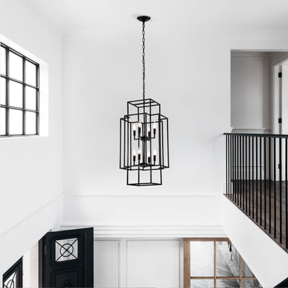 8-Light Metal Lantern Tiered Pendant Hanging Light Fixtures, Industrial Farmhouse Adjustable Height Chandeliers for Dining Room Hallway Foyer Entryway--Matte Black (E12 Bulbs Not Included)