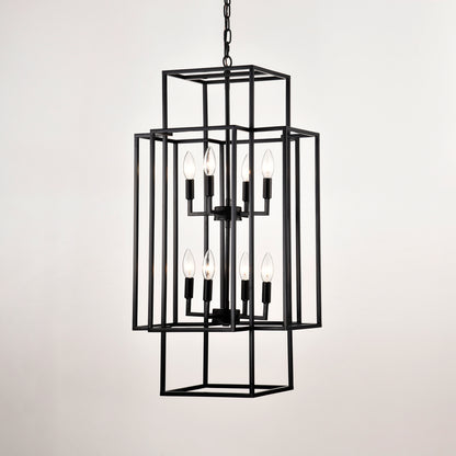8-Light Metal Lantern Tiered Pendant Hanging Light Fixtures, Industrial Farmhouse Adjustable Height Chandeliers for Dining Room Hallway Foyer Entryway--Matte Black (E12 Bulbs Not Included)