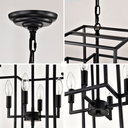 8-Light Metal Lantern Tiered Pendant Hanging Light Fixtures, Industrial Farmhouse Adjustable Height Chandeliers for Dining Room Hallway Foyer Entryway--Matte Black (E12 Bulbs Not Included)
